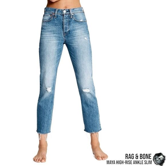 RAG & BONE MAYA HIGH-RISE ANKLE STRAIGHT JEANS IN AQUARIUS W/ HOLES SIZE 28 - Picture 3 of 16